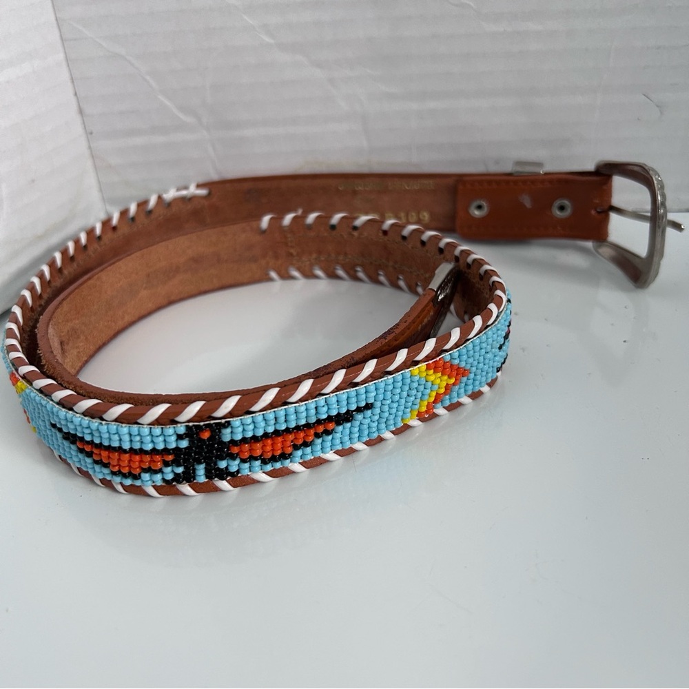 Vintage 1970s Beaded Native American leather Belt Size 28